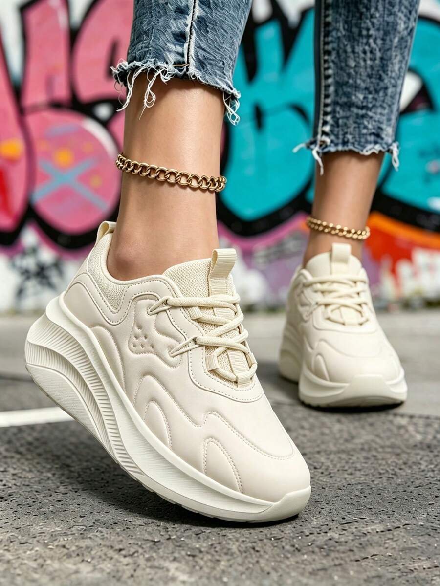 Beige Knit Sneakers For Women, Platform Shoes With Decorative Laces - Beige - View 1