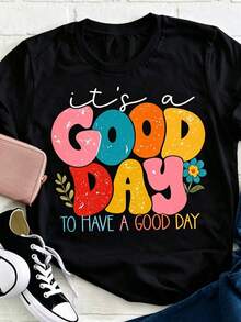 Women's Positive Motivational Slogan T-Shirt | Printed Text "Live Every Beautiful Day To The Fullest", Decorated With Colorful Fonts And Floral Patter - 黑色 - 查看 11
