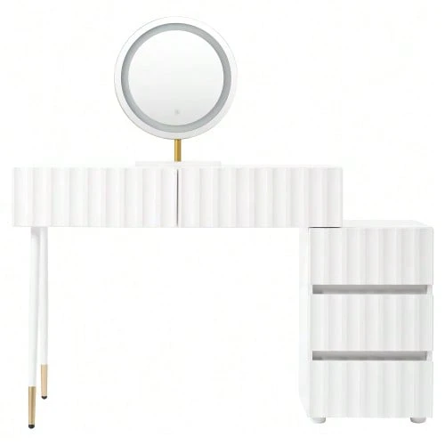 White Dressing Table Set For Bedroom With 5 Spacious Drawers - Dimensions: W100/H127/D40 Cm (Without Stool) - White - View 1
