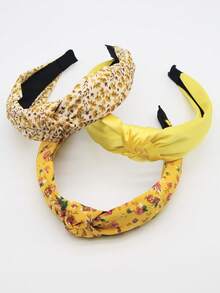 Set de 3 diademas de tela sólida con flores amarillas para mujer, diadema a juego dulce para uso diario y festivo - Amarillo - Ver 2