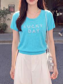 Women's Casual Minimalist Refreshing Versatile Short Sleeve Knit Top, Summer - Sky Blue - View 5