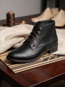 Women's Ankle Boot, Mid-Calf Length, Low Heel, Lace-Up - 黑色 - 查看 1