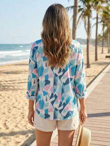 Women's Abstract Print Shirt – Short Sleeve, Colorful Geometric Pattern, Button Up, Lapel Collar, Casual Loose Fit - Multicolor - View 4