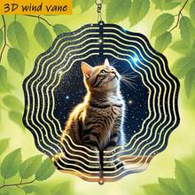 1个3D立体猫咪仰望星空金属风铃 - 10英寸圆形耐用铁质悬挂装饰,带360°旋转挂钩,适合室内/室外、圣诞节、婚礼、猫咪爱好者礼物(无需电池/电源),舒缓的音效(不含吊坠),款式随机 - A - 查看 2