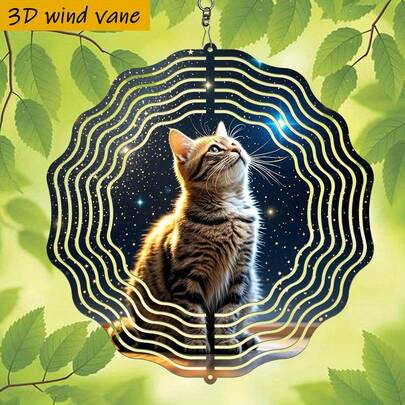 1个3D立体猫咪仰望星空金属风铃 - 10英寸圆形耐用铁质悬挂装饰，带360°旋转挂钩，适合室内/室外、圣诞节、婚礼、猫咪爱好者礼物（无需电池/电源），舒缓的音效（不含吊坠），款式随机