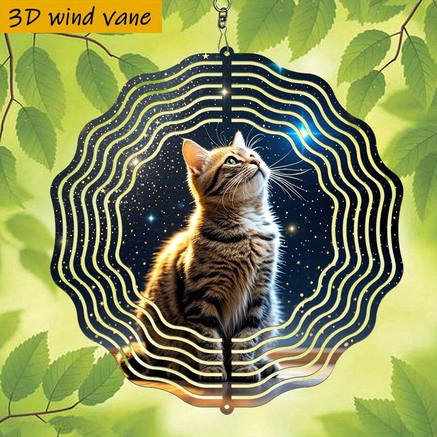 1个3D立体猫咪仰望星空金属风铃 - 10英寸圆形耐用铁质悬挂装饰，带360°旋转挂钩，适合室内/室外、圣诞节、婚礼、猫咪爱好者礼物（无需电池/电源），舒缓的音效（不含吊坠），款式随机