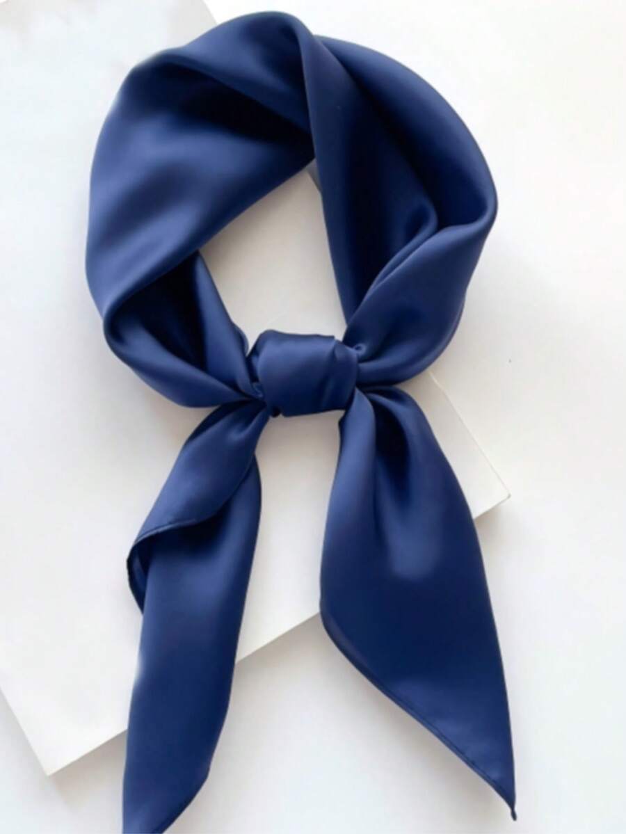 Lenço quadrado de seda feminino em cor sólida, lenço de seda versátil e moderno, faixa de cabelo multifuncional, cinto de cintura, alça de bolsa. - Azul marinho - Ver 1