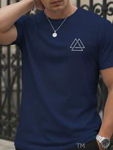 Stylish Basic Short-Sleeve Men's T-Shirt With Triangle Street Print, Breathable Fabric - Navy Blue - View 1