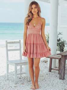 Summer Solid Color Lace Dusty Pink Sundress For Women Backless V Neck Dress With Spaghetti Strap, Swing Mini Dress With Tie Back For Vacation Beach & Casual Wear - 粉紅 - 查看 2