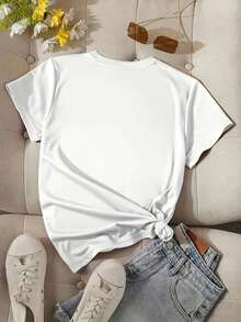 100% cotton Elegante Camisa para Mujer, Camiseta Casual de Manga Corta con Cuello Redondo y Estampado de Corazón, Lavable a Máquina - Perfecta para Atuendos Casuales, Ropa Informal - Blanco - Ver 5