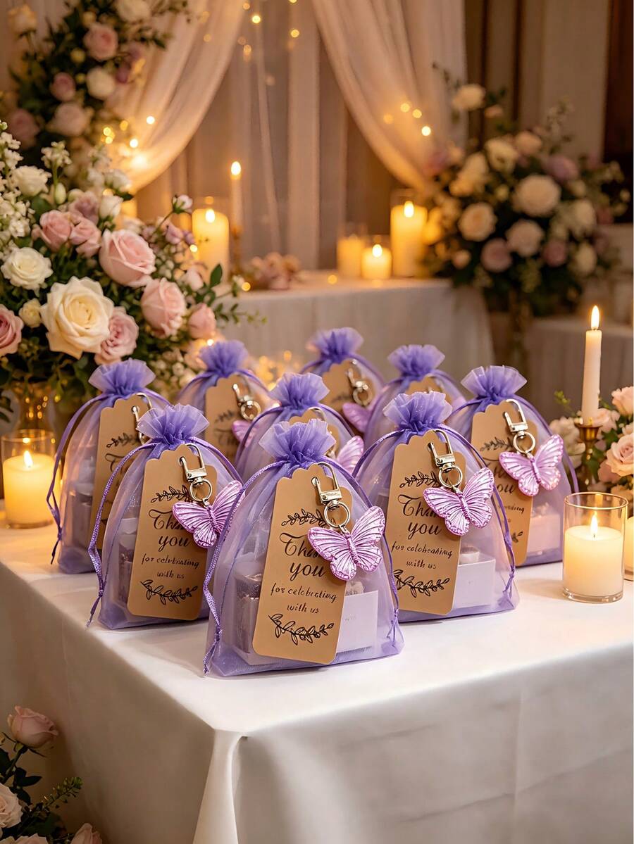 This Butterfly Shaped Keychain Gift Set Includes Acrylic Keychain, Brown Thank You Card, And Purple Organza Pouch, Suitable For Weddings And Parties - Multicolor - View 1
