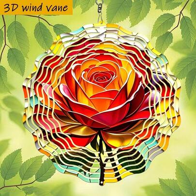3D立体彩色玻璃玫瑰花摆件，尺寸25.5厘米/10英寸*25.5厘米/10英寸，带旋转挂钩，可360° DIY创意旋转装饰，随风旋转，安装简便，适用于各种节日送礼场合。