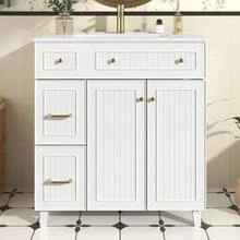 Bathroom Cabinet With Sink 81.7cm - Standing Bathroom Cabinet With Ceramic Washbasin, Lacquered Surface, Multifunctional Storage Space & Solid Wood Feet In A Modern Luxury Design - White - 白色 - 查看 12