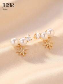 Hihho 1 paire de boucles d'oreilles de style français de luxe avec perles et étoiles octogonales, boucles d'oreilles délicates pour femmes, convenant pour un port quotidien, cadeau pour les fêtes - Boucles d'oreilles en perles - Voir 4