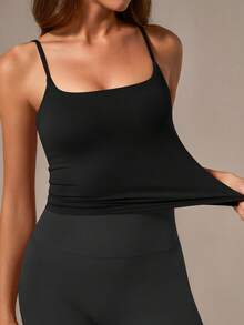 TimeOff 1pc Women Solid Color Spaghetti Strap Backless Camisole With Chest Pads Sports - Black - View 5