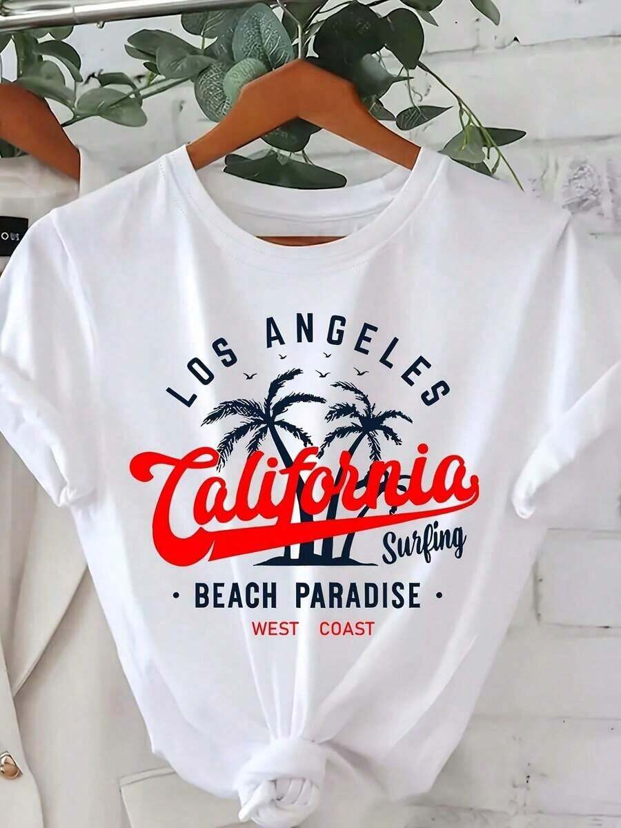 A Black Short-Sleeved Crew Neck T-Shirt With A Palm Tree Design And The Inscription 'West Coast', Perfect For A Casual Day At The Beach In Los Angeles, California, With A Cali - 白色 - 查看 1