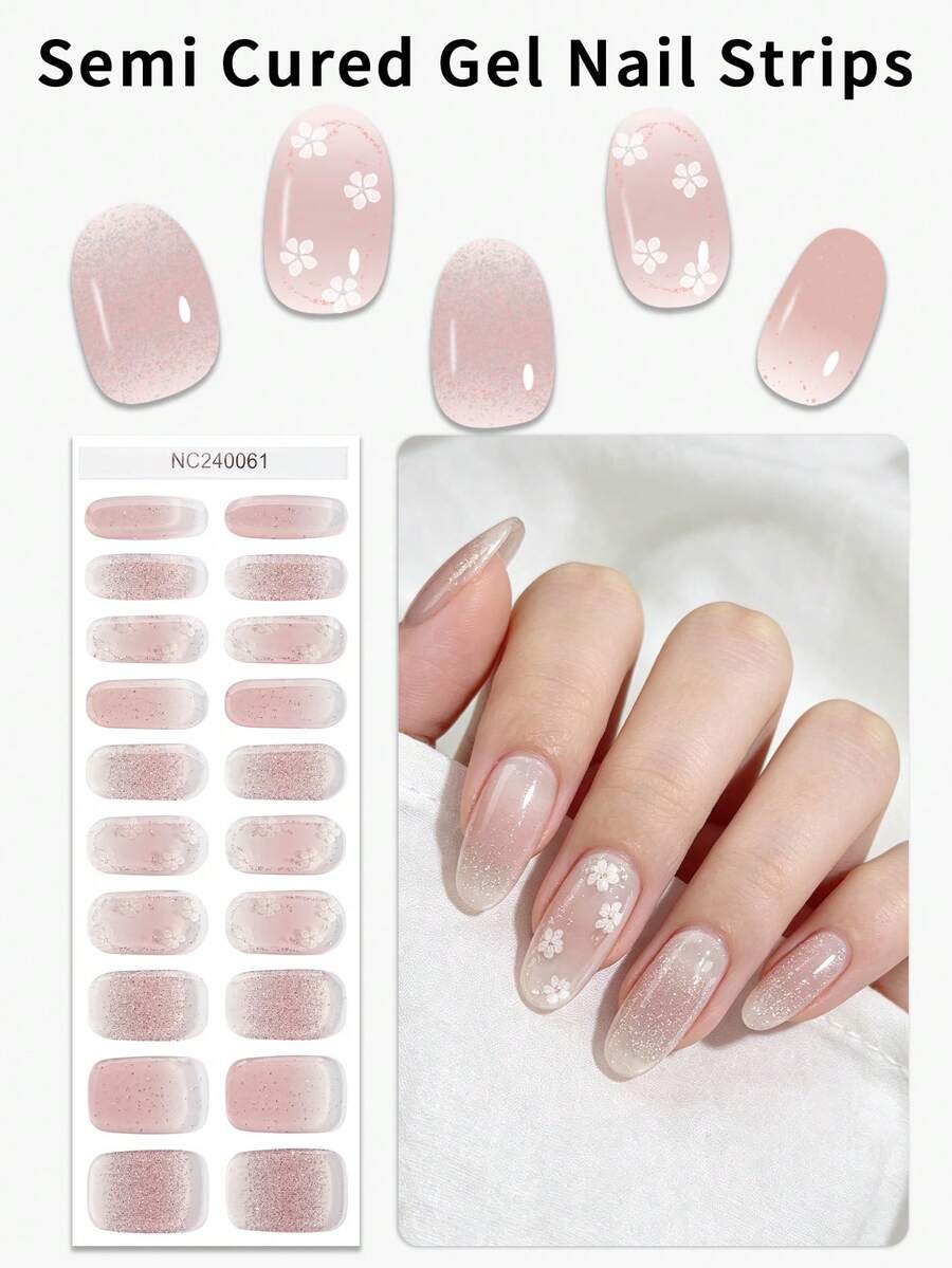20 miếng dán móng tay gel bán khô họa tiết hoa hồng lấp lấp, thích hợp cho mùa xuân/hè, ngọt ngào, dễ thương, dễ làm móng, chống bong tróc, phù hợp cho việc tự làm móng tại nhà của nữ giới.