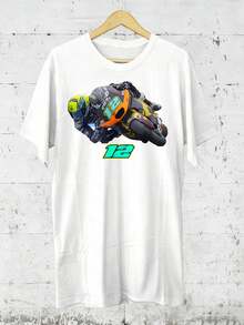 Men'S Tee - Casual White Hip-Hop Style T-Shirt Featuring a Motorcycle Design, Short Sleeves, Crew Neck, Regular Fit, Perfect for Everyday Wear, Motorcycle-Themed Shirt - Blanc - Voir 1
