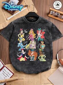 Disney Official Authorization | 100% Washed Cotton Vintage Short-Sleeve T-Shirt. Printed With Patterns Of Belle, Aurora, Ariel, Cinderella, Rapunzel, Jasmine, Snow White, Merida And Tiana. Designed With A Unisex Loose Fit, It Is Suitable For Disney Fans Of All Ages And An Ideal Choice For Vacations, Outings And Daily Casual Wear. - màu đen - Xem 1