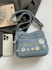 Mini Fashionable Floral Embroidered Jeans Multi-Pocket Crossbody Bag – Versatile Women's Shoulder Bag, Small Jeans Bag, Mom Bag With Adjustable Strap - Blue - View 8