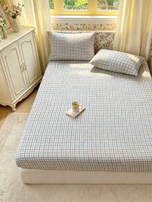 3pcs Bedding Set, Checkerboard Pattern, Soft & Comfortable, Includes 1 Fitted Sheet And 2 Pillowcases, No Filling, Suitable For Dorm, Bedroom, Home Use, Multiple Sizes Available - Blue Coffee - View 8