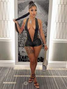 Women's European And American Style Sexy Hot Girl Deep V Backless Hanging Neck Solid Color Buttock Jumpsuit Women's Clothing - 黑色 - 查看 3