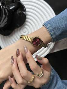 1 chiếc đồng hồ thạch anh mặt vuông họa tiết tre đan, màu vàng/bạc, thích hợp đeo hàng ngày và là món quà tuyệt vời cho sinh nhật, Giáng sinh. - Vàng - Xem 2