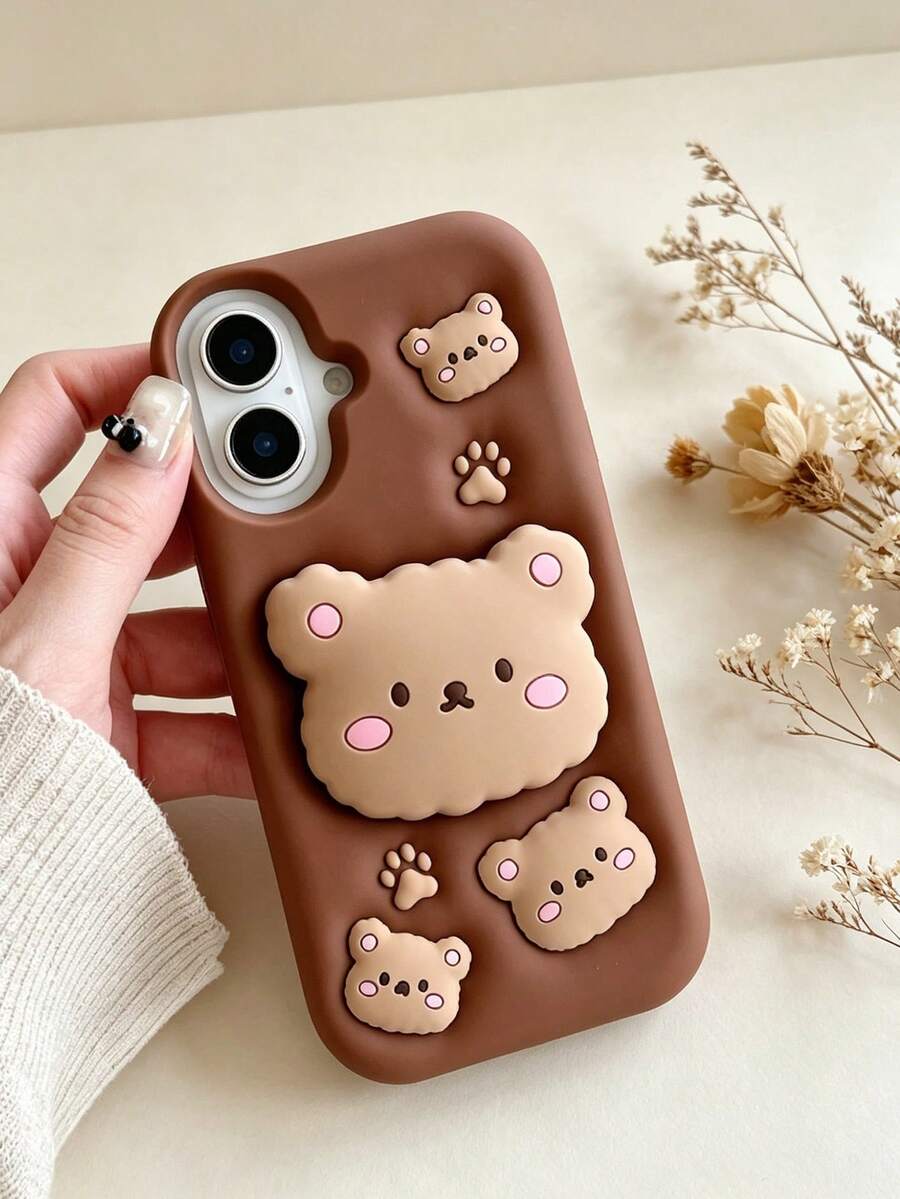 Ốp lưng điện thoại hình gấu nhỏ 3D hoạt hình dễ thương màu nâu có chân đế gập, ốp silicon chống sốc, thiết kế điêu khắc, đệm khí bảo vệ chống rơi, dành cho Apple 17 17pro 17promax 11 12 13 14 15 16 17Pro Max Plus, quà tặng ngày Valentine, sinh nhật, Giáng sinh. - màu nâu - Xem 1