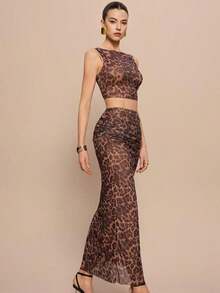 2 piezas Conjunto de top corto sin mangas y falda con estampado de lunares elegante de malla para mujer - Café integral 3 - Ver 3