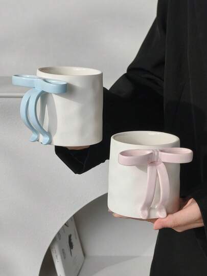 Cabin Kangaroo 1pc Cute Bow Handle Ceramic Mug, Wavy Textured White Coffee Cup With Pastel Bow, Aesthetic Handheld Tea Mug, Coquette Style Drinking Cup For Home, Office, Daily Use, Girly Decorative Mug For Girls & Women