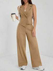 Conjunto de dos piezas para mujer, azul grisáceo, chaleco de traje y pantalones anchos.Tejido estructurado y cómodo, ideal para otoño, trabajo y looks elegantes casuales. - Marrón - Ver 1