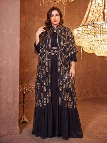 SUPGIR [Imprimé aléatoire] Robe de soirée réversible à ceinture de taille avec patchwork de sequins pour femmes grandes tailles, manches longues, pour les vacances - Doré - Voir 2