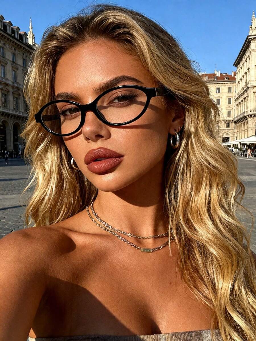 1pc Copper Protective Geometric Rimless Glasses, Minimalist Fashion Style, Transparent Lenses, Women's Daily Office Vacation Student Weekend Outing Fashion Accessory - Clear - View 1