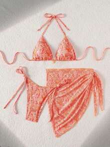 Swim Mod Conjunto de 3 piezas, traje de baño sexy para mujer con sujetador triangular halter con textura floral y decoración dorada, braguitas de bikini con lazos laterales y falda pareo.Conjunto de bikini de 3 piezas con top de encaje, pareo de encaje y cobertura de playa.Conjunto de bikini con top de cuentas, concha y cobertura para vacaciones y festivales. - Multicolor 4 - Ver 4