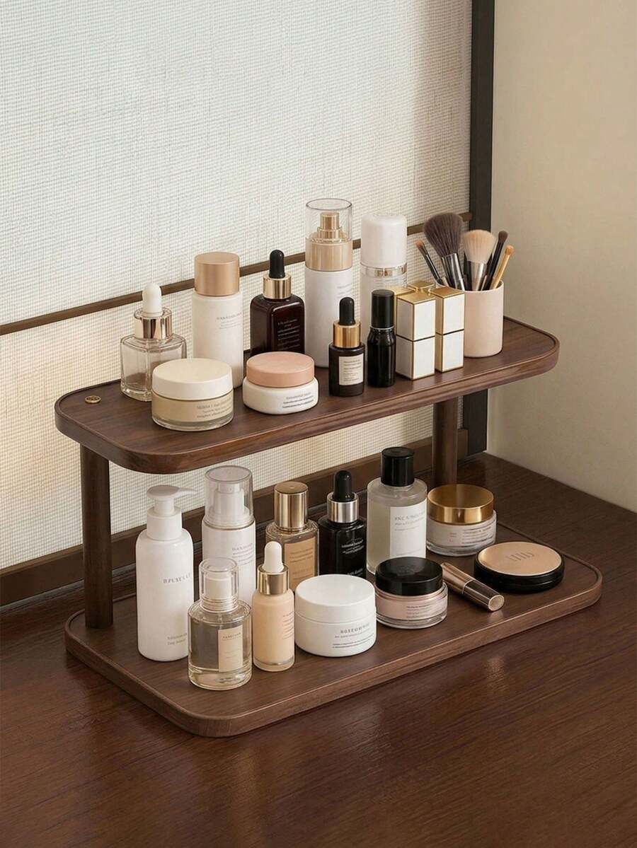 1 chiếc kệ để bàn hai tầng màu gỗ óc chó, chất liệu gỗ nguyên khối, kiểu dáng cổ điển, kệ đựng đồ trang điểm đa năng dùng trong phòng ngủ, nhà bếp, phòng tắm, bàn trang điểm, để đựng cốc cà phê và mỹ phẩm. - Xem 1