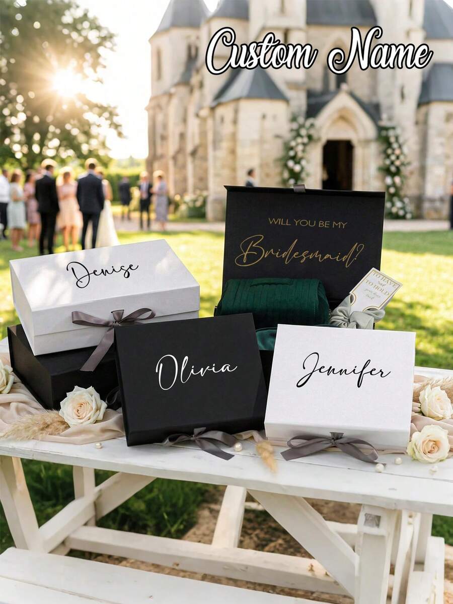 1 pieza Caja de regalo personalizable con cinta con nombre, Caja de regalo plegable, Caja de regalo magnética, Caja de regalo de boda, Caja de regalo personalizable con nombre de dama de honor, Caja de regalo personalizable con tapa y cinta, Regalo personalizado de boda/cumpleaños/Día de San Valentín con caja de regalo para dama de honor - Multicolor - Ver 1
