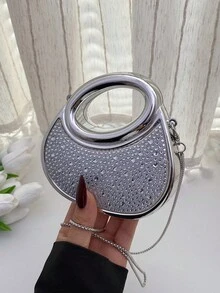 新款亚克力迷你手提包，时尚手拿包，个性化新月形晚宴包，带肩链 - 銀色 - 查看 11