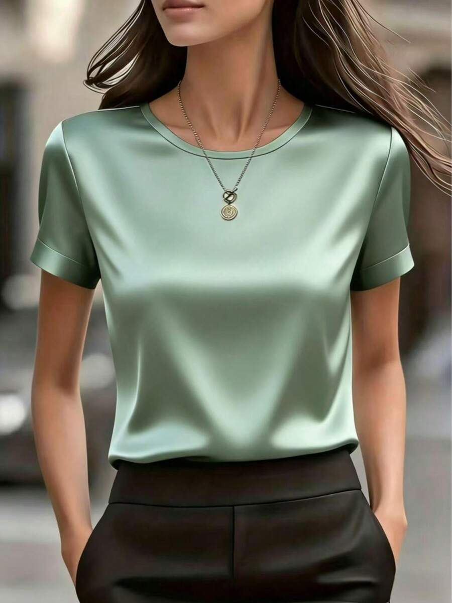 Women's Elegant Round Neck Satin Short Sleeve Blouse, Suitable For Spring And Summer - Green - View 1