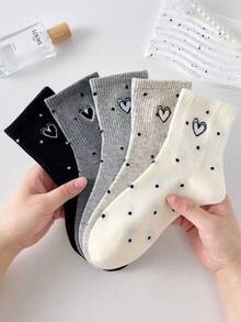 5 Pairs Women Cute Heart Polka Dot Short Socks, White & Black Casual Comfortable Mid-Calf Socks, School Style Student Socks, Random Color Gift, Suitable For Daily Wear In Spring, Summer, Autumn And Winter - Multicolor - View 3