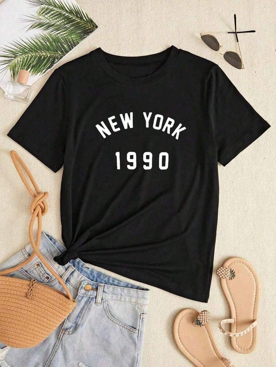 SimpieAndVersatileDesignCamiseta con estampado de letraCottonT-Shirt - Negro - Ver 1