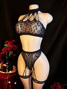 2 piezas Conjunto de lencería de encaje para mujer con portaligas - Sujetador y tanga de malla transparente con estampado de leopardo, ropa de dormir sexy - Negro - Ver 3