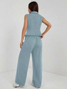 Conjunto de dos piezas para mujer, azul grisáceo, chaleco de traje y pantalones anchos.Tejido estructurado y cómodo, ideal para otoño, trabajo y looks elegantes casuales. - Marrón - Ver 10
