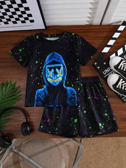 2pcs/Set Young BoyCasual Sports Digital Alien Print T-Shirt & Shorts Set, Summer