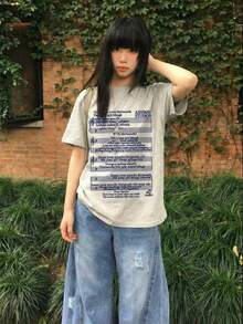 日系女式夏季宽松圆领简约字母印花短袖T恤 - 淺花灰 - 查看 2