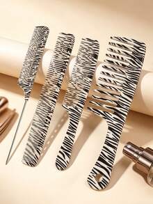 Set de 4 piezas/2 piezas/1 pieza de peines con estampado de cebra, kit profesional de peines antiestáticos que incluye peine de cola de rata, peine de dientes anchos, peine de dientes finos, peine desenredante para todo tipo de cabello, herramientas de peluquería para salón para mujeres y hombres - Blanco y Negro - Ver 1