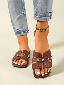 Ximi Ruo New Spring/Summer Fashion Casual Strap Slide Sandals, Comfortable Flat Heel Round Toe Beach Slippers, Versatile Slip-On Sandals For Women - Brown - View 4