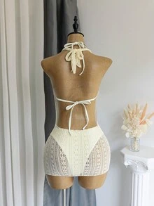 女士夏季沙滩纹理面料垂褶领三角比基尼上衣、高腰泳裤、挂脖裙罩衫度假套装 - 杏色 - 查看 3