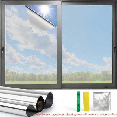 1 rollo de película de ventana de espejo de un solo sentido, bloqueo UV, control de calor y reducción de deslumbramiento, tinte de ventana con adhesivo estático, tinte de privacidad anti-película, película de control solar extraíble, plateado/negro/azul, decoración de oficina y hogar, adecuado para ventanas, puertas de vidrio, balcones, fácil instalación, sin pegamento, reutilizable, 60 x 500 cm