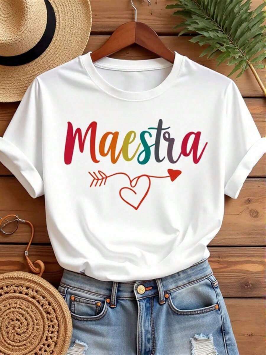 SimpieAndVersatileDesignCamiseta con estampado de maestra para mujer, primavera, 100 % algodón, estampado artístico, hip hop urbano, transpirable, recién llegada.CottonT-Shirt - Blanco - Ver 1