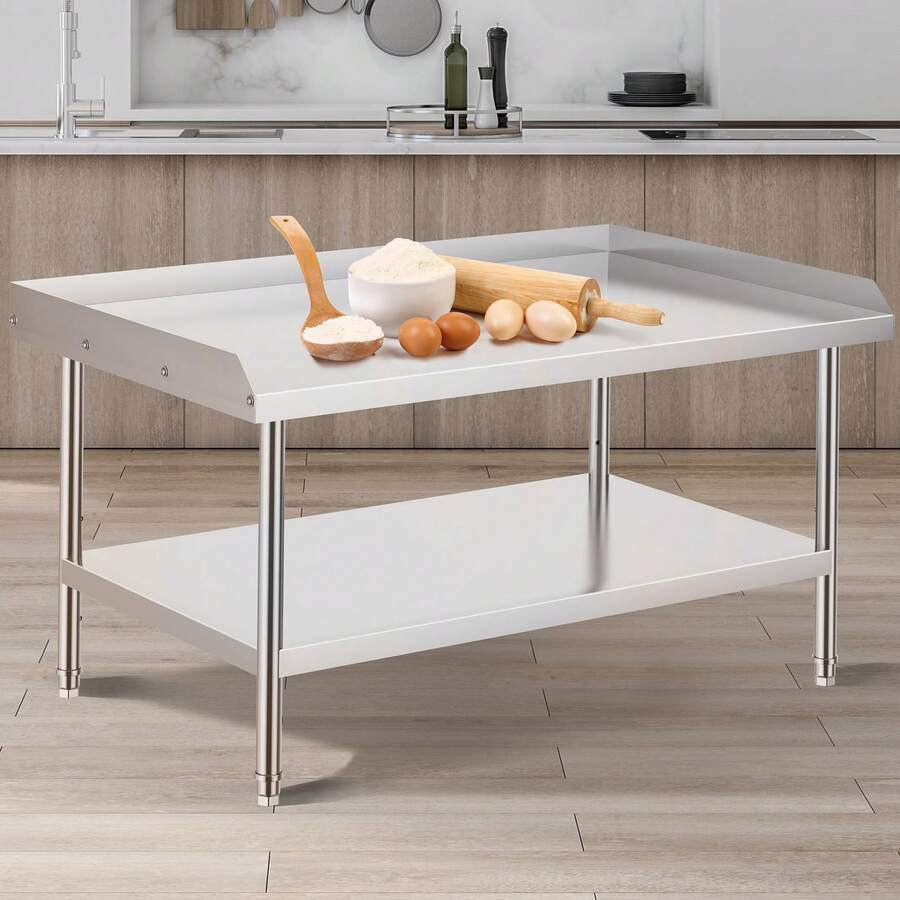 VEVOR Stainless Steel Work Table, 30 X 48 X 26 Inch Commercial Food Prep Worktable, 3-Sided Backsplash Heavy Duty Prep Worktable, Metal Work Table With Adjustable Height For Restaurant Home Hotel - 30 X 48 X 26 Inches, 3-sided Backsplash - View 1